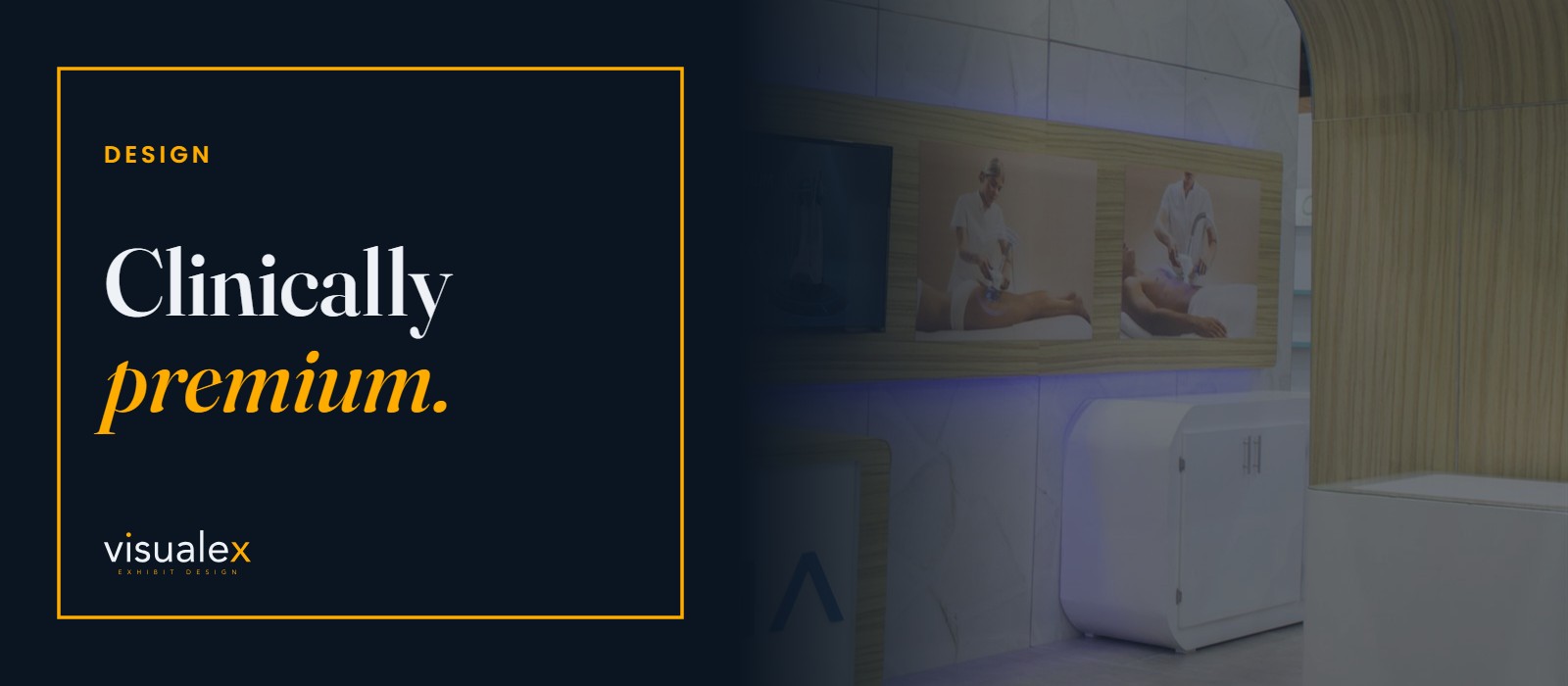 An Eximia aesthetics stand built by Visualex — “Clinically premium.”