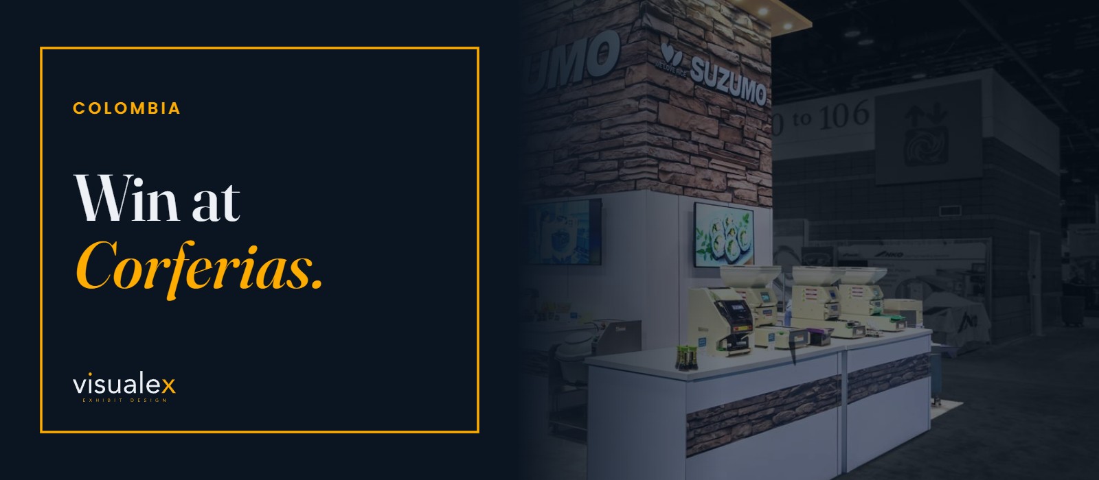 A custom exhibition stand at a trade show — “Win at Corferias.” Visualex.
