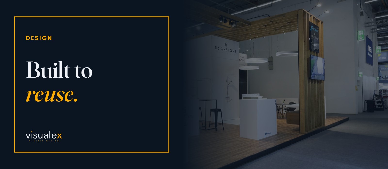 A custom exhibition stand built from natural wood — “Built to reuse.” Visualex.